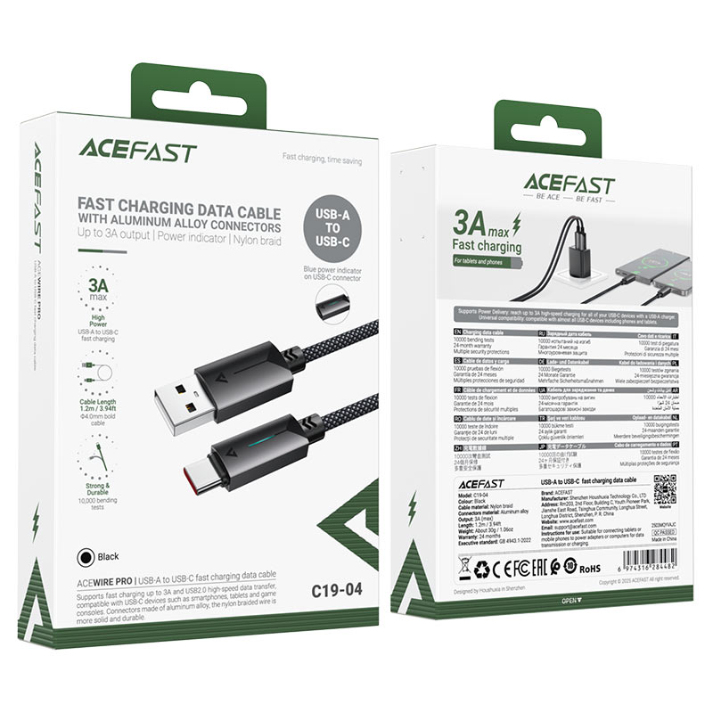AceFast | 18475 | C19-04 | Usb A To Usb C Fast Charging Data Cable | Black AceFast | 18475 | C19-04 | Usb A To Usb C Fast Charging Data Cable | Black